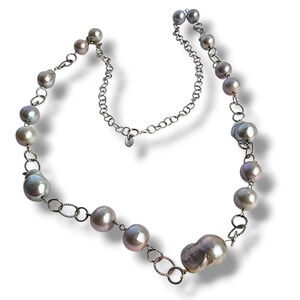 Signed LUC 925 CN Lucas Lameth Sterling Silver Gray Baroque‎ Pearl Necklace long